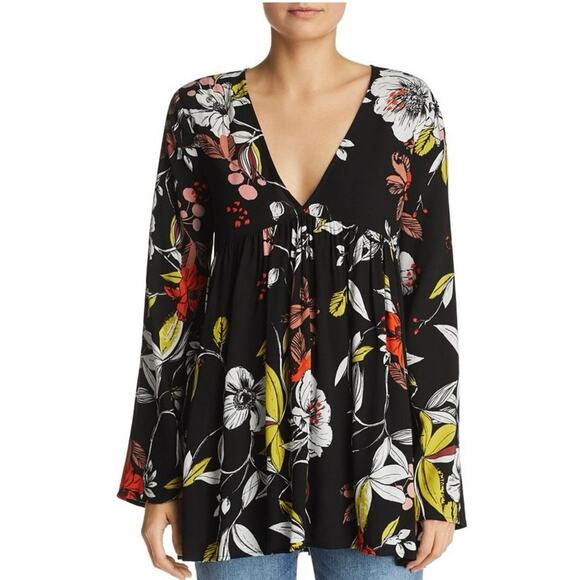 Free people Bella xs Boho blouse mini dress bell long sleeves v neck black flora - Picture 11 of 11